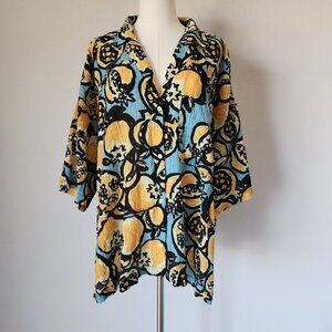 Zara Fruit Printed Crinkle Boxy Oversize Button-Up Shirt Short Sleeve